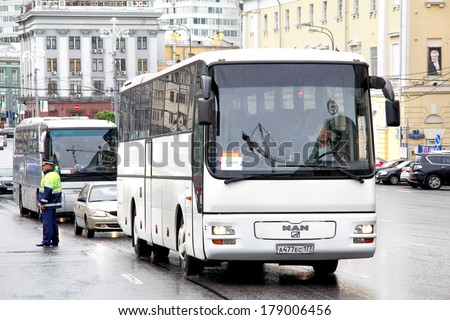 MOSCOW, RUSSIA - JUNE 3, 2012: White MAN A03 Lion\'s Star interurban coach at the city street.