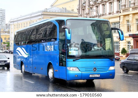 MOSCOW, RUSSIA - JUNE 3, 2012: Blue Mercedes-Benz O580-15RHD Travego interurban coach at the city street.