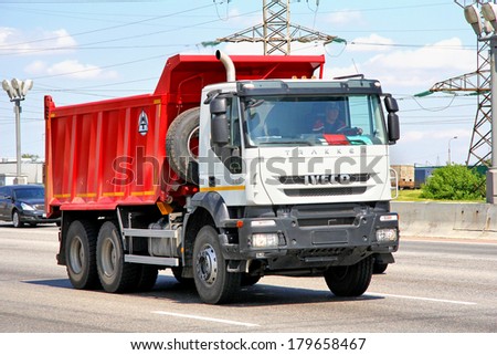 MOSCOW, RUSSIA - JUNE 2, 2012: White IVECO Trakker dump truck at the interurban road.