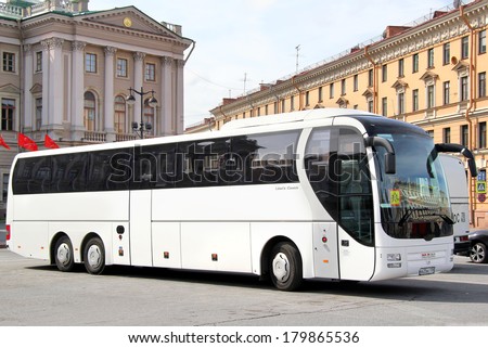 SAINT PETERSBURG, RUSSIA - MAY 25, 2013: White MAN R08 Lion's Top Coach interurban bus at the bus station.