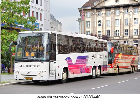 BERLIN, GERMANY - SEPTEMBER 12, 2013: White Volvo 9900 interurban coach at the city street.