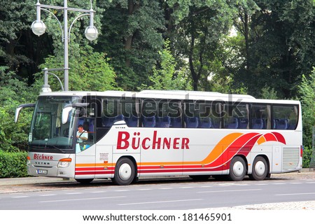 BERLIN, GERMANY - SEPTEMBER 12, 2013: Grey Setra S416GT-HD interurban coach at the city street.