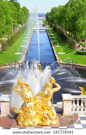 PETERGOF, RUSSIA - MAY 27, 2013: The Grand Cascade and Sea Channel in Peterhof Palace.