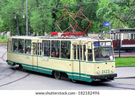 SAINT PETERSBURG, RUSSIA - MAY 26, 2013: Vintage russian tramway LM-68M takes part at the Retro Urban Transport Parade.