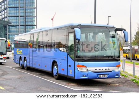 BERLIN, GERMANY - SEPTEMBER 12, 2013: Blue Setra S419UL suburban coach at the bus station.