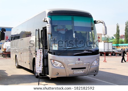 UFA, RUSSIA - MAY 23, 2012: Grey Higer A80 interurban coach at the city street.