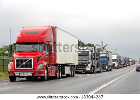 TVER REGION, RUSSIA - MAY 22, 2013: Traffic jam at the M10 federal highway connecting Moscow and Saint Petersburg.