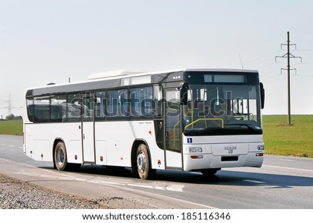 BASHKORTOSTAN, RUSSIA - SEPTEMBER 7, 2008: White MAN A72 Lion\'s Classic suburban bus at the interurban road.