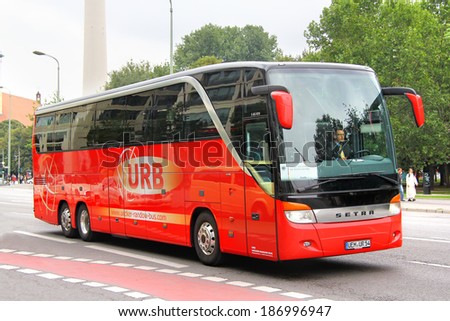 BERLIN, GERMANY - SEPTEMBER 12, 2013: Red Setra S416HDH interurban coach at the city street.