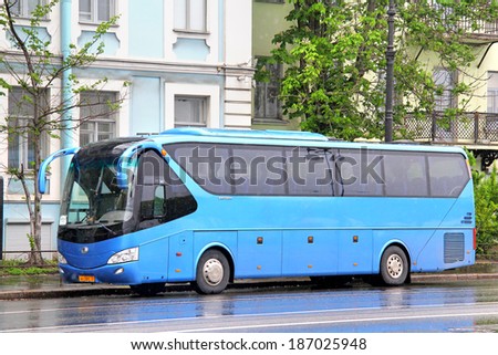 SAINT PETERSBURG, RUSSIA - MAY 26, 2013: Blue Yutong ZK6129H interurban coach at the city street.