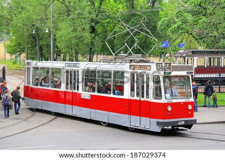 SAINT PETERSBURG, RUSSIA - MAY 26, 2013: Vintage russian tramway LM-68 takes part at the Retro Urban Transport Parade.