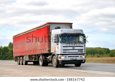 BASHKORTOSTAN, RUSSIA - SEPTEMBER 5, 2009: Grey Pegaso Troner semi-trailer truck at the interurban road.