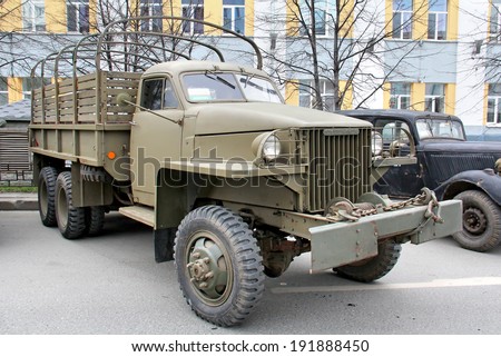 YEKATERINBURG, RUSSIA - MAY 9, 2014: American flatbed truck Studebaker US6 exhibited at the annual Victory day Parade.