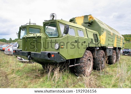 ALKINO, RUSSIA - SEPTEMBER 20, 2008: MAZ-7310 Uragan soviet military truck at the field.
