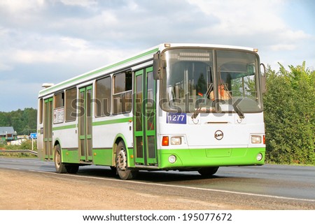 CHELYABINSK REGION, RUSSIA - AUGUST 21, 2008: White and green LIAZ 5293 city bus at the interurban road.