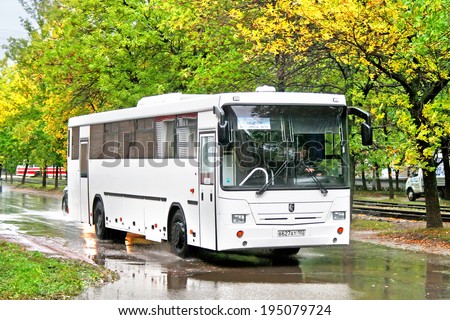 UFA, RUSSIA - SEPTEMBER 15, 2008: White NEFAZ 5299 interurban coach at the city street.
