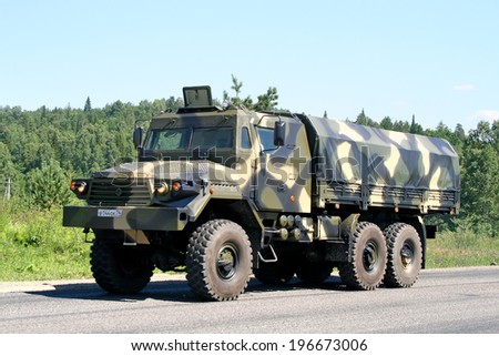 CHELYABINSK REGION, RUSSIA - JULY 20, 2008: Prototype of the new Ural 4320 military truck at the interurban road.
