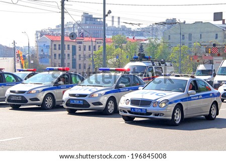 MOSCOW, RUSSIA - MAY 6, 2012: Line of police cars at the annual Victory day Parade dress rehearsal.
