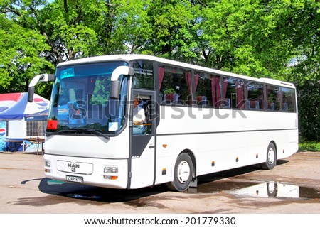 SAINT PETERSBURG, RUSSIA - MAY 27, 2013: White MAN A03 Lion\'s Star interurban coach at the bus station.