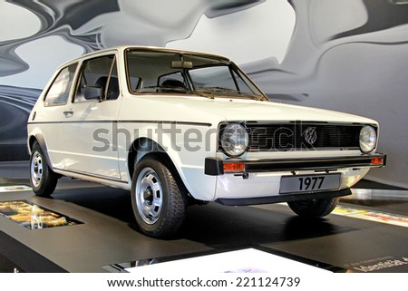 WOLFSBURG, GERMANY - AUGUST 14, 2014: German retro vehicle Volkswagen Golf at the museum of the Volkswagen Autostadt.