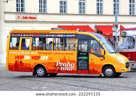 PRAGUE, CZECH REPUBLIC - JULY 21, 2014: Hop on hop off bus Irisbus Daily Tourys at the city street.