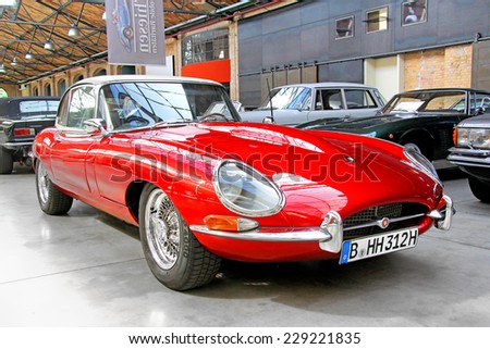BERLIN, GERMANY - AUGUST 12, 2014: British classic vehicle Jaguar E-Type in the museum of vintage cars Classic Remise.
