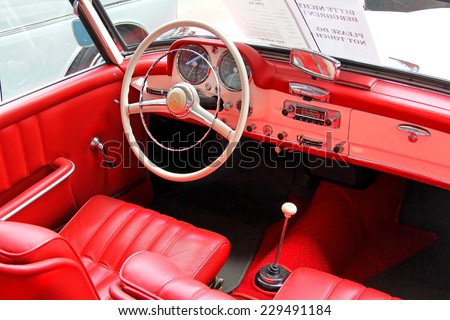 BERLIN, GERMANY - AUGUST 12, 2014: Interior of the german classic vehicle Mercedes-Benz 190SL in the museum of vintage cars Classic Remise.
