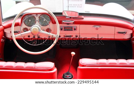 BERLIN, GERMANY - AUGUST 12, 2014: Interior of the german classic vehicle Mercedes-Benz 190SL in the museum of vintage cars Classic Remise.