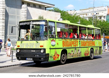 BUDAPEST, HUNGARY - JULY 25, 2014: Vintage city sightseeing bus Ikarus 256 at the city street.