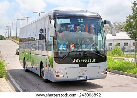 VENICE, ITALY - JULY 30, 2014: Touristic coach MAN R07 Lion's Coach at the city street.