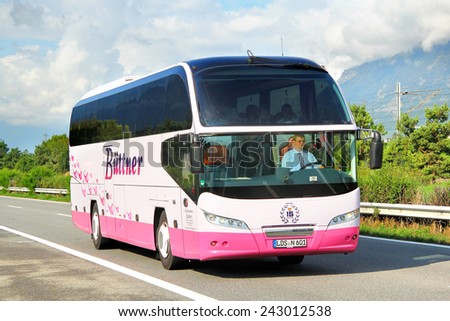 SWITZERLAND - AUGUST 5, 2014: Touristic coach Neoplan N1216HD Cityliner at the interurban freeway.