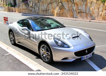 MONTE CARLO, MONACO - AUGUST 2, 2014: Silver sports car Ferrari California at the city street.