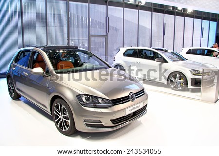 WOLFSBURG, GERMANY - AUGUST 14, 2014: Brand new compact cars Volkswagen Golf in the trade center of the Volkswagen Autostadt.
