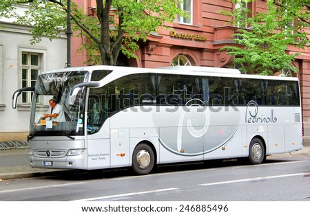 BERLIN, GERMANY - AUGUST 16, 2014: Grey coach Mercedes-Benz O350-15RHD Tourismo at the city street.