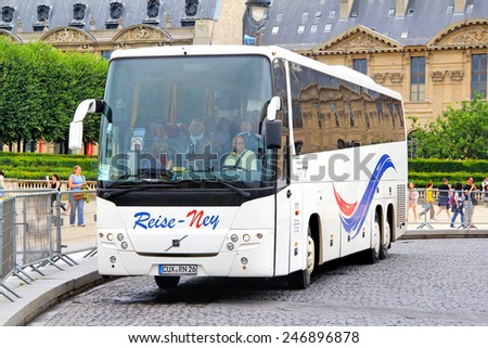 PARIS, FRANCE - AUGUST 8, 2014: Interurban coach Volvo 9900 at the city street.