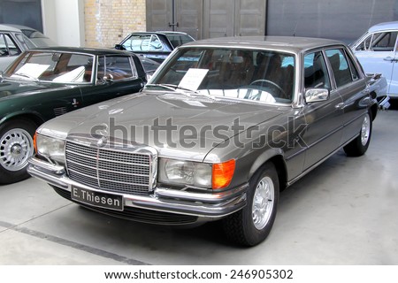 BERLIN, GERMANY - AUGUST 12, 2014: German classic vehicle Mercedes-Benz W116 S-class in the museum of vintage cars Classic Remise.