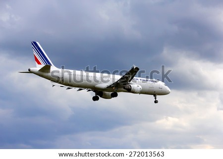 BERLIN, GERMANY - AUGUST 17, 2014: Air France Airbus A321 arrives to the Tegel International Airport.