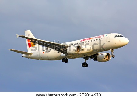 BERLIN, GERMANY - AUGUST 17, 2014: Iberia Express Airbus A320 arrives to the Tegel International Airport.
