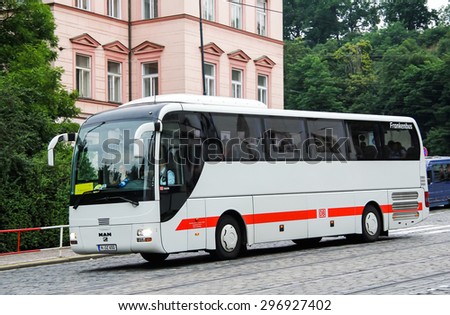 PRAGUE, CZECH REPUBLIC - JULY 21, 2014: Interurban coach MAN R07 Lion\'s Coach at the city street.