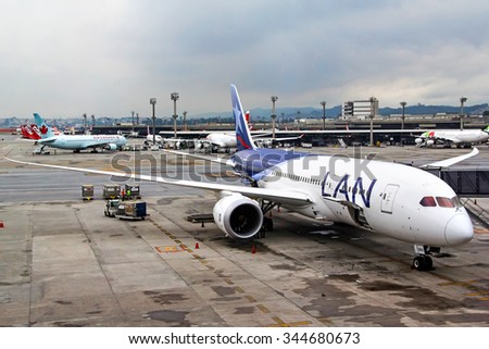 SAO PAULO, BRAZIL - NOVEMBER 25, 2015: LAN Airlines Boeing 787-8 Dreamliner at the Guarulhos International Airport.