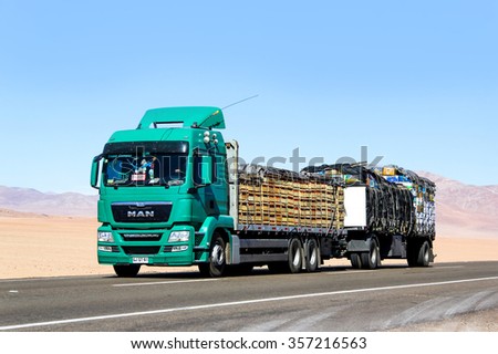 ATACAMA, CHILE - NOVEMBER 14, 2015: Modern truck MAN TGS at the interurban freeway through the Atacama desert.