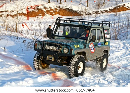 UFA, RUSSIA - DECEMBER 18: Off-road vehicle UAZ (No. 35) of team ROTAS during annual trophy raid Natural selection on December 18, 2010 in Ufa, Russia.