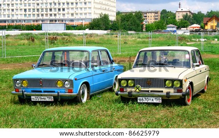 stock photo MOSCOW RUSSIA JULY 10 Soviet vehicles VAZ2103 and