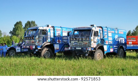 TATARSTAN, RUSSIA - JUNE 15: Trucks KamAZ-4326-9 of Team KAMAZ Master competes at the Rally Transorientale 2008 on June 15, 2008 near town of Naberezhnye Chelny, Tatarstan, Russia.