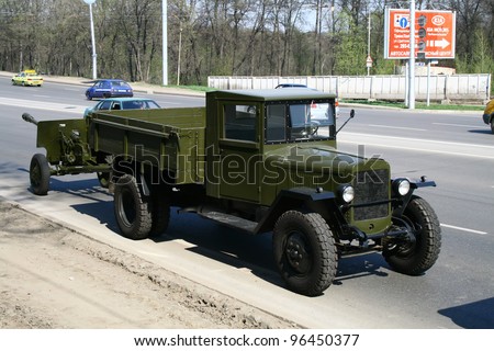 UFA, RUSSIA - MAY 4: Soviet army truck UralZiS-5V takes part at the dress rehearsal of Victory Parade on May 4, 2010 in Ufa, Russia.