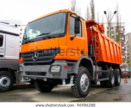 UFA, RUSSIA - MAY 11: Modern dump truck Mercedes Actros 3336 exhibited at the annual Motor show \