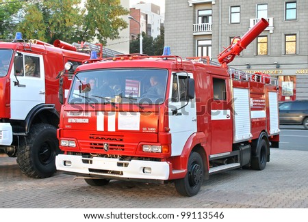 UFA, RUSSIA - SEPTEMBER 10: Modern fire truck KamAZ-4308 exhibited at the annual motor show \