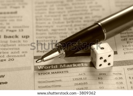 World markets report, pen and a dice, in sepia mode