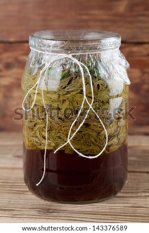 Jar with young spruce sprouts and cane sugar - making spruce syrup, alternative medicine for cough, cold or flu