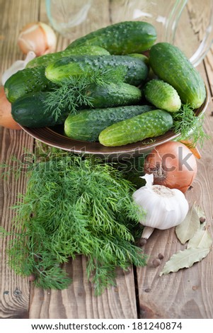 Bowl with fresh cucumbers, dill, garlic, onion, bay leaf and all spice ingredients for pickle making